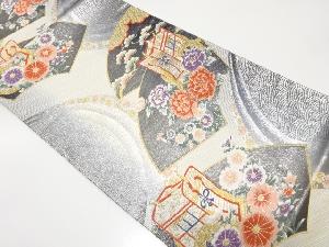 アンティーク　地紙に御所車・牡丹・菊模様織り出し袋帯（材料）